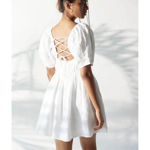 SUMMER AWAY Sydney Linen Puff Sleeve Poplin Mini Dress NWT Sz Small - Picture 2 of 7
